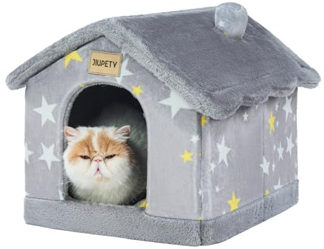 JIUPETY Cute Cat Beds for Indoor Cats, Foldable Cat House with Non-Slip Bottom, S Size Kitten Bed for 0-6 Lb Dogs and 0-8 Lb Cats, Grey