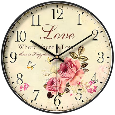NUOVO 12 Zoll Rose Blumen Wanduhr, Retro ländliche Pastoral Floral Stil Uhren Batterie betriebene Quarz Stille Runde Uhr für Büro, Wohnzimmer, Schlafzimmer, Küche, Zuhause