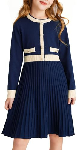 GRACE KARIN Girl Navy Blue Dress Casual Sweater Fall Winter Dress Long Sleeve Crew Neck Knitted Dresses with Button Navy Blue 12 Years
