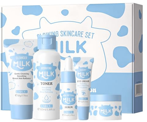 LAIKOU Milch Gesichtspflege Set, Gesichtspflege Set Damen, 5 Stück Skincare Geschenkset Teenager, Milch Gesicht Gesichtsreiniger Gesichtswasser Serum Augencreme Creme, für Frauen Männer Teenager (A)