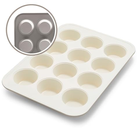 GreenLife 12-Cup Muffin Pan, Healthy Ceramic Nonstick Bakeware, PFOA & PFAS-Free Cupcake Tray, Durable Baking Pan, Versatile Kitchen Essential, Easy Clean Muffin Mold, Nonstick Baking Sheet, Taupe