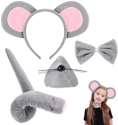 JSMTKJ Déguisement Souris Professionnel 4 Pièces Costume Rôle-Play avec Bandeau Réglable, Nez Mignon & Nœud Papillon | Idéal pour Fête d'Anniversaire, Halloween, Spectacle pour Adultes et Enfants