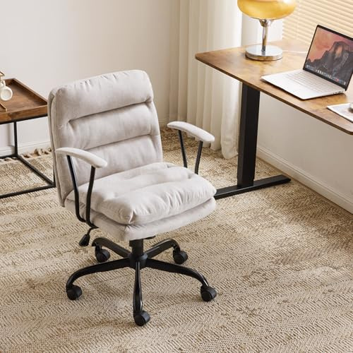 Bonnlo Vanity Desk Chair Comfy with Wheels & Removable Armrests,Upholstered Dressing Table Chair with Back, Adjustable Swivel Computer Task Chair for Makeup,Office,Bedroom,Linen Fabric (Beige Grey)