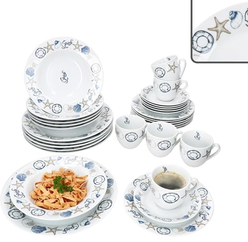 MamboCat Neptun, servizio combinato da 30 pezzi, in porcellana con motivi marittimi, ancora, conchiglia & Co per 6 persone, 6 tazze, piattini, torte, zuppe e piatti piani