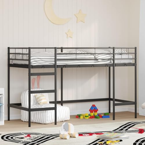 sephironlbb Barnsäng svart av stål, 74,5 x 190 cm, robust metallram, platsbesparande design för sovrum, hållbar sängram