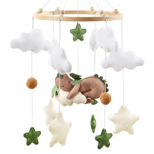 Mobile Bébé en Bois et Feutre avec Dinosaure Endormi, Nuages et Étoiles, Mobile Lit Bébé pour Chambre Bébé, Décoration Chambre Bébé avec Clochettes, Cadeau Naissance Fille et Garçon