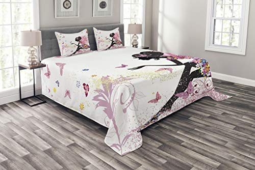 ABAKUHAUS Mädchen Tagesdecke Set, Magischer Fantasie-Garten, Set mit Kissenbezügen Waschbar, für Doppelbetten 264 x 220 cm, Rosa Schwarz