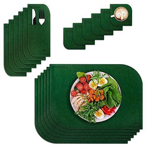 VILSTO Tischset Filz 18er Set, Tischsets Abwaschbar, Teller Set Untersetzer Gläser Bestecktaschen, Küchen Deko, Tischdeko Esstisch, Platzset Abwischbar, Waldgrün