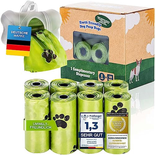 all Pets United® BI0 Hundekotbeutel mit Spender Kompostierbare Kotbeutel für Hunde mit Hundekotbeutelspender 100% Biologisch abbaubare Hundebeutel mit Leinen Halter (120 Beutel: 8 Rollen + 1 Spender)
