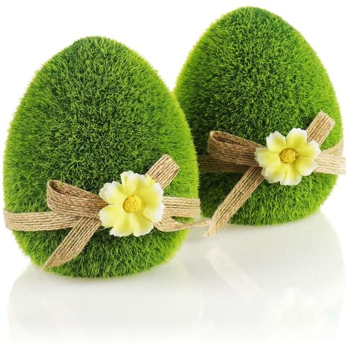 com-four® 2x uovo decorativo pasquale con fiocco e fiori, decorazione in ceramica verde con erba artificiale per primavera (2 uova - 11 cm)