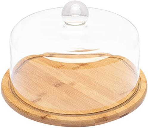 Bell Jar Cake Bell Glass Hood Cheese Bell with Bamboo Plate Cake Plate Hood Serving Plate with Glass Hood Wooden Cheese Plate Cheese Board Cake Cover Cake Bell-21X21X15.7CM