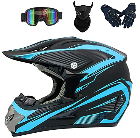 VOMI Casco Off-Road Adulto Casco de Cross de Moto Niño Casco de Moto Cross Hombre Mujer Casco de Motocross con Guantes/ Máscara/ Gafas, Casco Motocross para Casco Racing Downhill, Negro y Azul,M