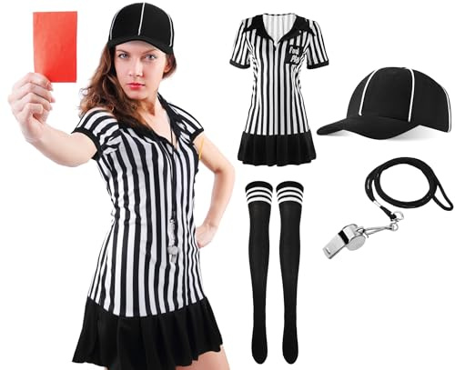 SATINIOR 5 Pcs Women Referee Costume Set Umpire Outfit Stripe Ref Shirt Hat Long Socks Whistle for Halloween Cosplay Party(Small)