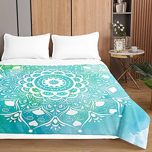 Chickwin Tagesdecke Bettüberwurf, Mandala Drucken Tagesdecken mit Prägemuster Gesteppt Steppdecke Überwurf Wohndecke aus Mikrofaser (150x200cm,Türkis)