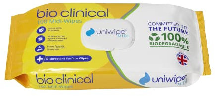 Uniwipe Biodegradable Clinical Wipe - Disinfectant Surface Cleaning Wipe Plastic Free Pack of 100 Wipes