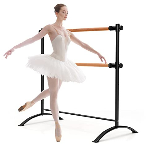 COSTWAY Barre de Danse Classique Double Autoportante pour Enfants Adultes, Barre de Ballet sur Pied 120 cm Hauteur Réglable Ø 38 mm en Bois de Hêtre Pose Libre pour Yoga, Exercice (Noir)