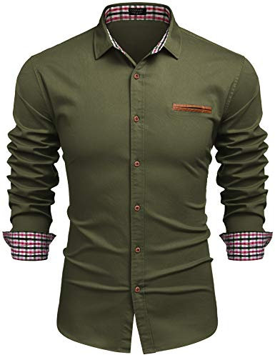COOFANDY Shirts for Men Long Sleeve Denim Shirt Slim Fit Casual Dress Shirt Cotton Button Down Work Cowboy Shirts with Plaid Collar Army Green L