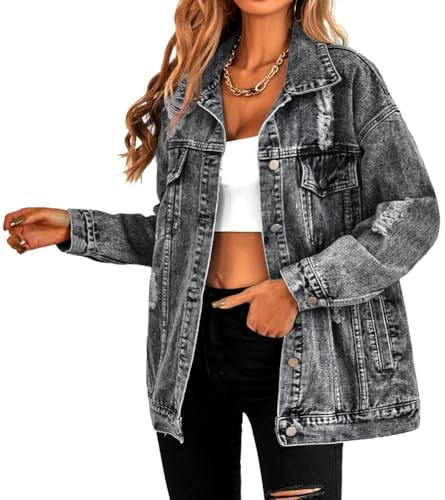 CYLADY Chaqueta de mezclilla de gran tamaño para mujer, chaqueta de mezclilla rasgada, abrigo de camionero de manga larga, Negro, XL