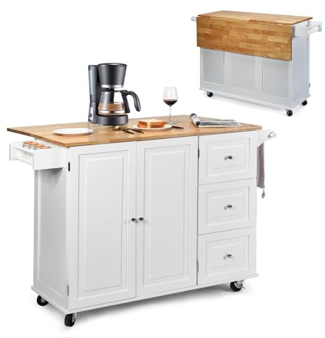 KOMFOTTEU Carrello da Cucina con Pannello Pieghevole Portato fino a 50 kg, Isola da Cucina 43x136x91cm, Carrello Portaoggetti in Legno con Ruote, Multifunzione e Grande, Nero (Bianco)