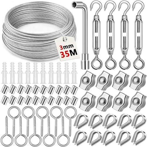 VIPNAJI 35/3mm Corde en Acier Inoxydable, Cable Acier Suspendre Kit, 304 Câble en Acier Inoxydable Kit, fil a Linge PVC Enrobage Avec Tendeur Crochet, pour Plantes Grimpante, Outdoor Suspension