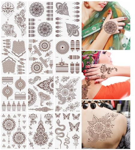 URAQT 12 feuilles Tatouages Temporaires, Marron Rouge Autocollants Faux Tatouage Imperméable Tatouage Ephemere pour Femmes Hommes Enfants et Adultes Éphémères Étanche pour Mariage