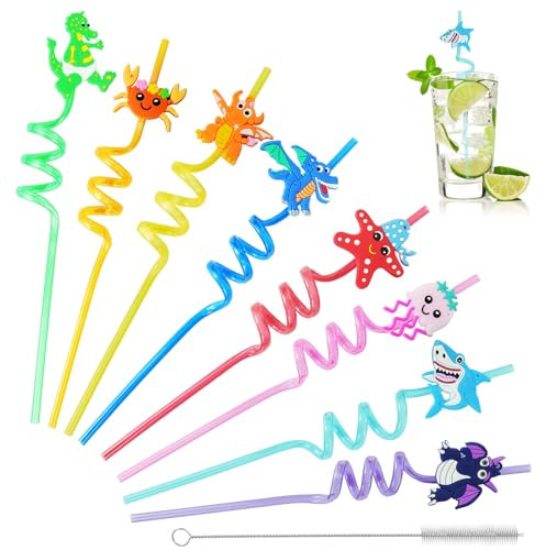 8 Piezas Pajitas Reutilizables Para Niños, En Espiral Con Cepillo de Limpieza, Rizadas Multi Color y Shapes de Plástico Para Fiestas de Cumpleaños