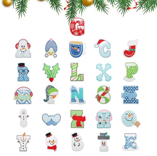 Bekecidi 26 Parches de Navidad para Planchar, Bordado de Letras, Apliques de Tela, Parches para Coser para Ropa de Navidad, Decoración Artesanal, Adornos de Festival
