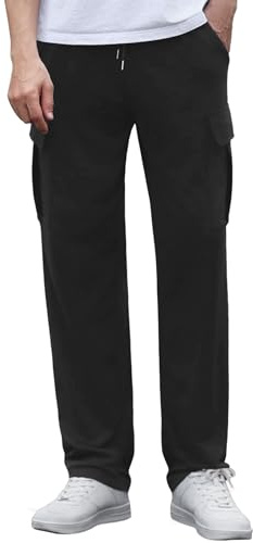 Crewhpo Pantaloni da Tuta Uomo in Cotone Pantaloni Sportivi con 4 Tasche Pantaloni Jogging con Elastico in Vita Pantalone Gamba Dritta Comodi Pantaloni Leggeri per Running Fitness Nero XL