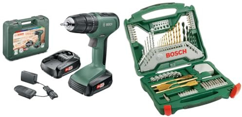 Bosch Home and Garden Cordless Combi Drill UniversalImpact 18 (2 Batteries, 18 Volt System, in Carrying case) + 70-Pieces X-Line Titanium Drill and Screwdriver Bit Set (for Wood, Masonry and Metal)
