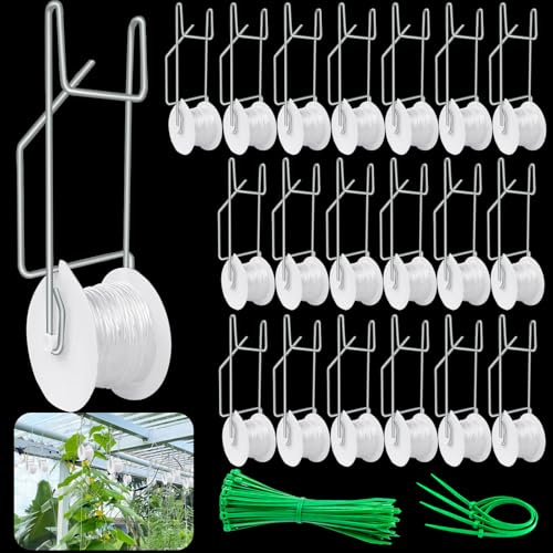 120 ganchos de rodillo de enrejado de tomate, gancho de soporte para escalada de plantas con cordel de 50 pies y lazos de cremallera, carretes de enrejado de invernadero para tomates, cultivo de