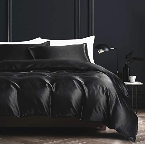 YASMENG Copripiumino in raso 240 x 260 cm nero tinta unita brillante deluxe, set biancheria da letto in raso morbido, liscio, setoso, seta, biancheria da letto per 2 persone adulti con cerniera e
