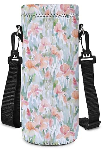 Mibbxea 750 ml vattenflaska bärväska, axelväska för flaskor, neopren flaskkylare med bärrem för män kvinnor resor, cykling, vandring, gym, löpning, camping (akvarellblommor)