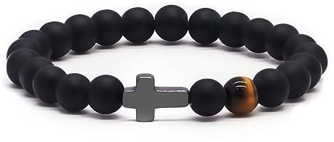 TOLOWOBK Bracelet Pierre Naturelle Homme Garçons Croix Bracelet Perle Noir