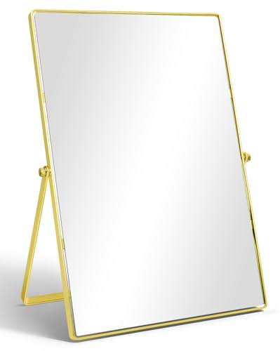 TSKDKIT Espejo de mesa de 30 × 20 cm, espejo de escritorio con soporte con ángulo ajustable y marco de metal dorado, diseño independiente para mesas de maquillaje y tocador (rectángulo, dorado)