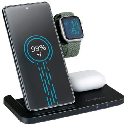 Grundig Cargador inalámbrico 3 en 1 – Estación de Carga rápida para Smartphone, Smartwatch, Auriculares - Cargador Inalámbrico iPhone y Samsung - Cargador Inalámbrico – Diseño Plegable