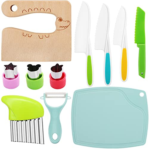CCOZN 11PCS Kids Knife Set, Toddler Knife Set Kids Safe Knives for Real Cooking Serrated Edges Kids Cooking Utensils Kitchen Tools for Toddlers, Cutting Board Potato Slicers Cooking Knives