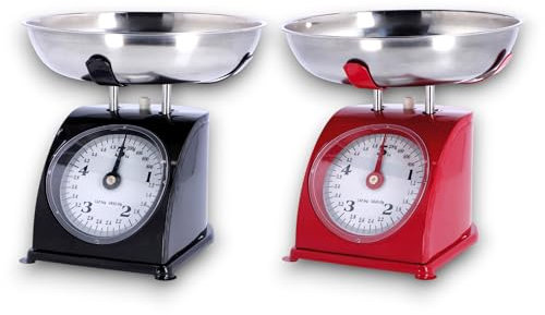 KORAT Bilancia da Cucina vintage Meccanica Tara manuale, quadrante grande e vaschetta in acciaio inox, capacità 5 kg struttura robusta in ferro, Analogica per alimenti
