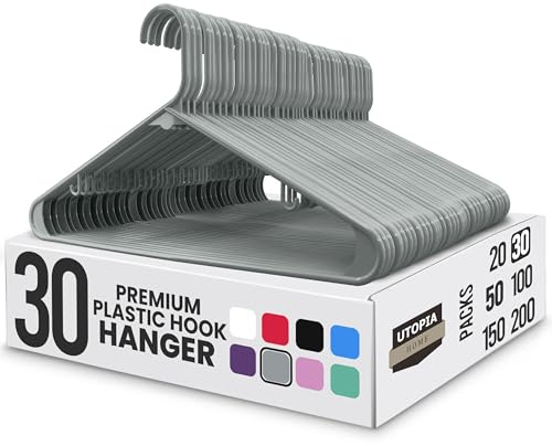 Utopia Home Perchas de Plástico Grises 30 Paquetes con Ganchos - Perchas Blancas Resistentes y Duraderas Que Ahorran Espacio para Abrigos, Faldas, Pantalones, Vestidos, Etc