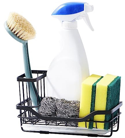 Zrncrky Sink Caddy, Kitchen Sink Organiser with Removable Drip Tray, Washing up Dish Sponge Holder for Kitchen Tidy (Black)