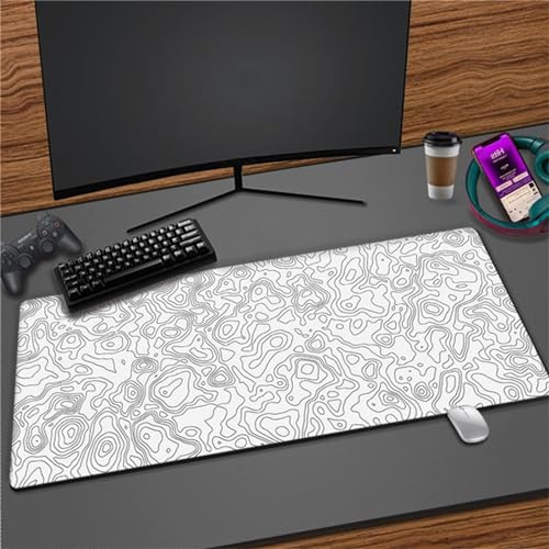 Tapis de Souris de Jeu XXL Blanc Topographique Mouse Pad 1000x500x2mm Tapis de Souris étendu avec Bords Cousus Base en Caoutchouc antidérapante Clavier Pad pour Joueur Bureau Maison