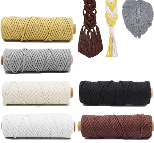 6PCS Makramee Garn, 3mm Bunt Baumwollseil, Natur Baumwolle Makramee Baumwollgarn Baumwollkordel für DIY Handwerk, Hängepflanze,Blumenampel, Basteln Stricken Boho Deko Wandbehang 50m (01)