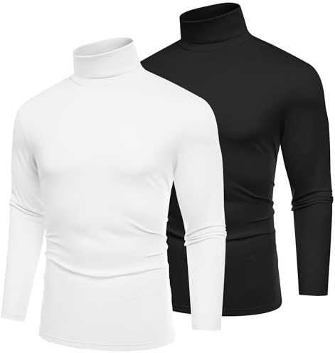 COOFANDY Pull Col Roulé Homme T-Shirt Manches Longues Blanc/Noir 3XL