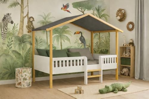 KONTARBOOR Lit Cabane Enfant, sur PILOTI 90 x 190 cm en Bois Naturel et Blanc + sommier. (sans Matelas)