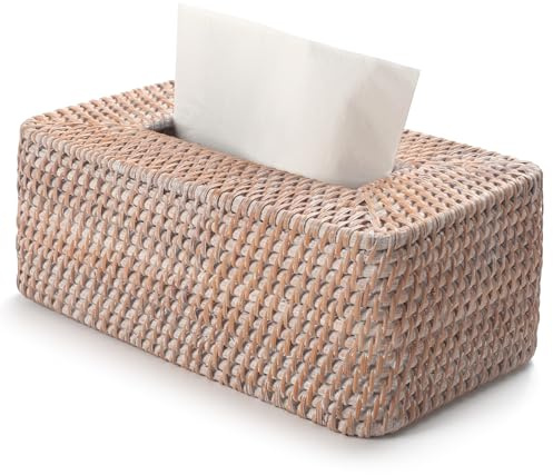 YANGQIHOME Caja de Pañuelos de Servilletas de Rattan, Recargable para Cosméticos y Papel, Caja Trenzada a Mano para Sala, Comedor y Dormitorio, 26 x 10,5 x 15,5 cm, Blanco Lavado