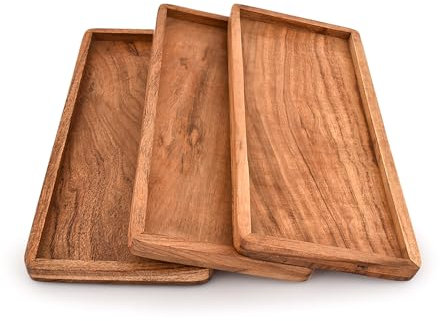 Mahasu Platter Acacia Wood Serving Platter with Raised Edge -Set of 3 for Home Decor, Food, Vegetables, Fruit, Charcuterie (Set of 3) (14 X 6 X 0.75)