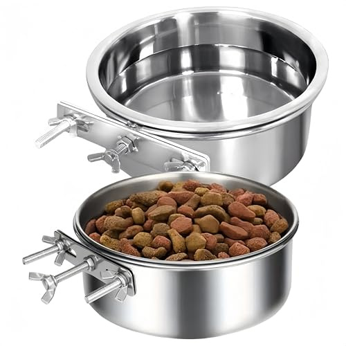 Hanging Pet Bowl Sturdy Durable Stainless, 2Pcs Stainless Steel Hanging Pet Bowl, Steel Dog Bowls with Three Bolt Holder, Water Bowl Food Bowl for Kennel Cage Crates (L and XL)