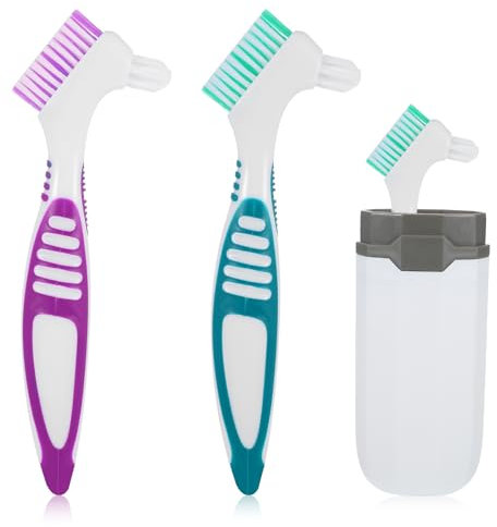 Lusofie Lot de 2 brosses à dents efficaces pour prothèses dentaires avec étui de transport, poils souples multicouches, brosse de nettoyage avec poignée en caoutchouc pour un entretien propre des