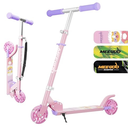 MEE GOO Roller Kinder Aluminium Tretroller klappbar mit 3 Verstellbaren Höhen kinderroller für mit LED Räder Geschenke für 3+ Jungen und Mädchen (rosa)