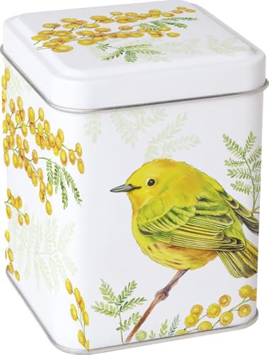 IHR Springtime Bird & Berries Tea Caddy - Square Kitchen Storage Tin - Yellow/Orange/Green - 10 cm