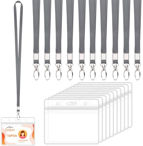Segus Tarjetero Colgante, 10 Piezas Lanyard con Portatarjetas Identificación, Funda Tarjeta, Impermeable e Transparente, para Oficina, Escuela, Festival, Evento (Gris Oscuro, Horizontal)